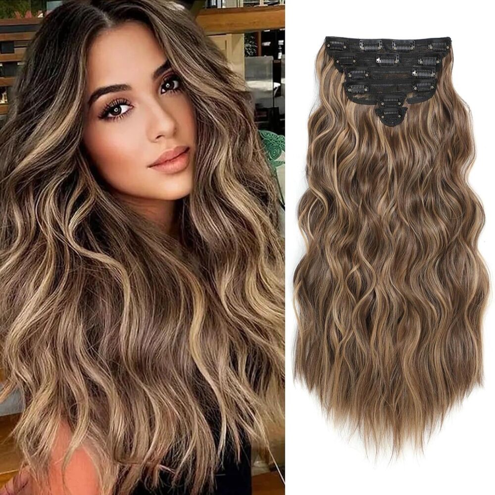 20" Clip in Hair Extensions 6PCS Long Wavy Curly Honey Blonde brown Hairpiece
